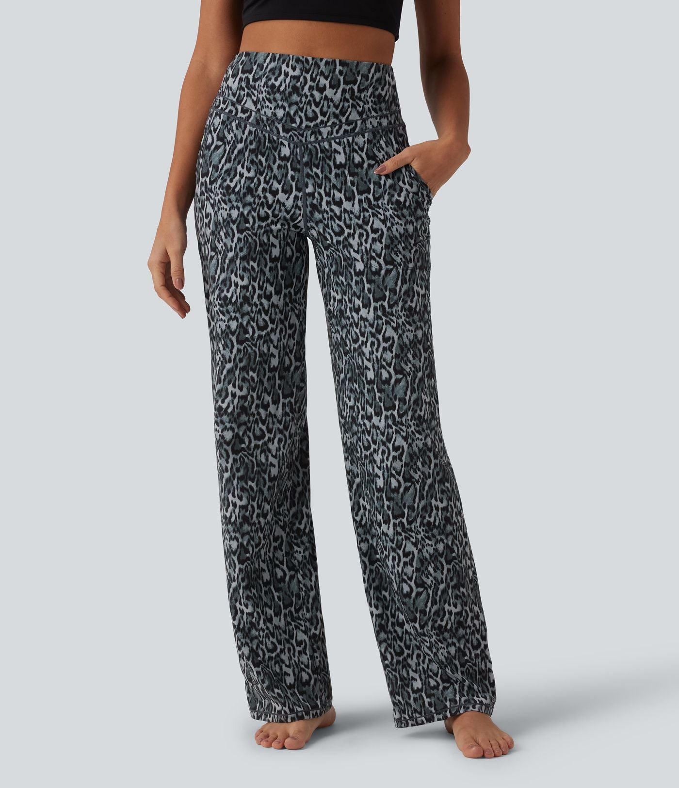 Pantalon de yoga jambes droites taille haute gainant imprimé léopard Halara UltraSculpt™ avec poches