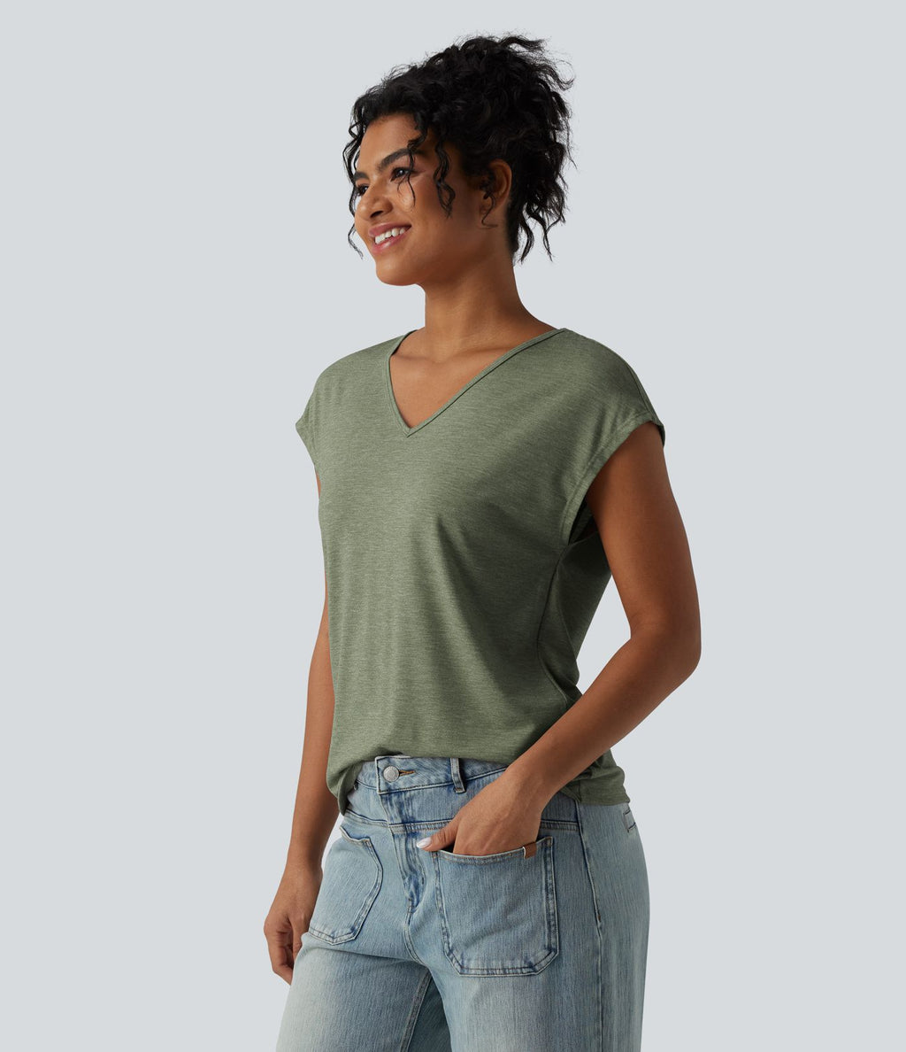 T-shirt décontracté chiné ample à manches courtes et col V