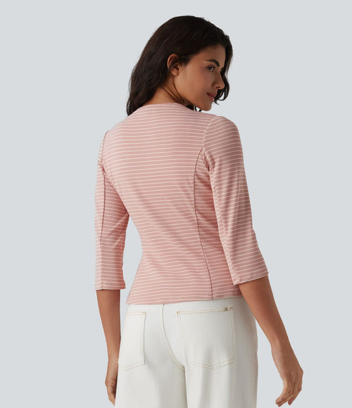 Blazer casual ouvert col V manches 3/4 à rayures en maille côtelée