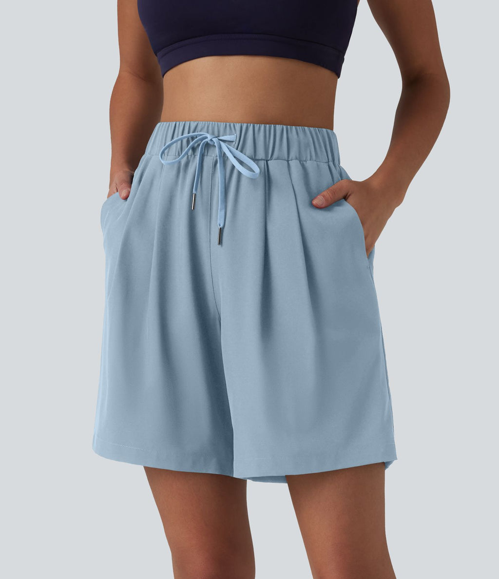 Short de yoga plissé taille haute avec ceinture élastique, cordon de serrage et poches 17,5 cm