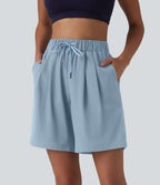 Short de yoga plissé taille haute avec ceinture élastique, cordon de serrage et poches 17,5 cm