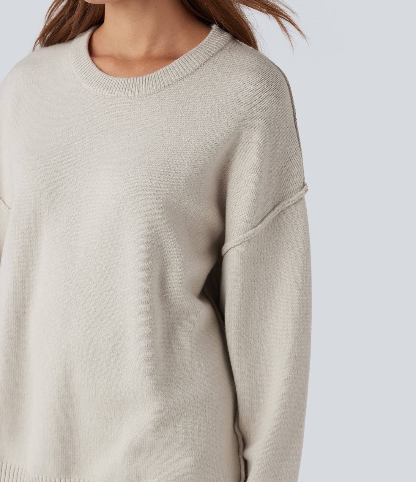 Pull décontracté à col rond, épaules tombantes et manches longues