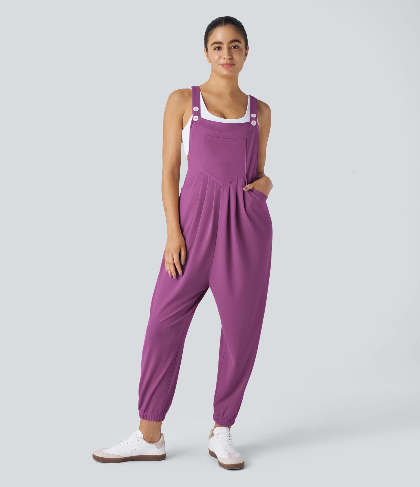 Salopette Casual Bretelles Ajustables Boutonnés Multiples Poches Plis et Tissu Gaufré