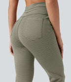 Pantalon de yoga évasé à rayures, taille haute, cordon et poches