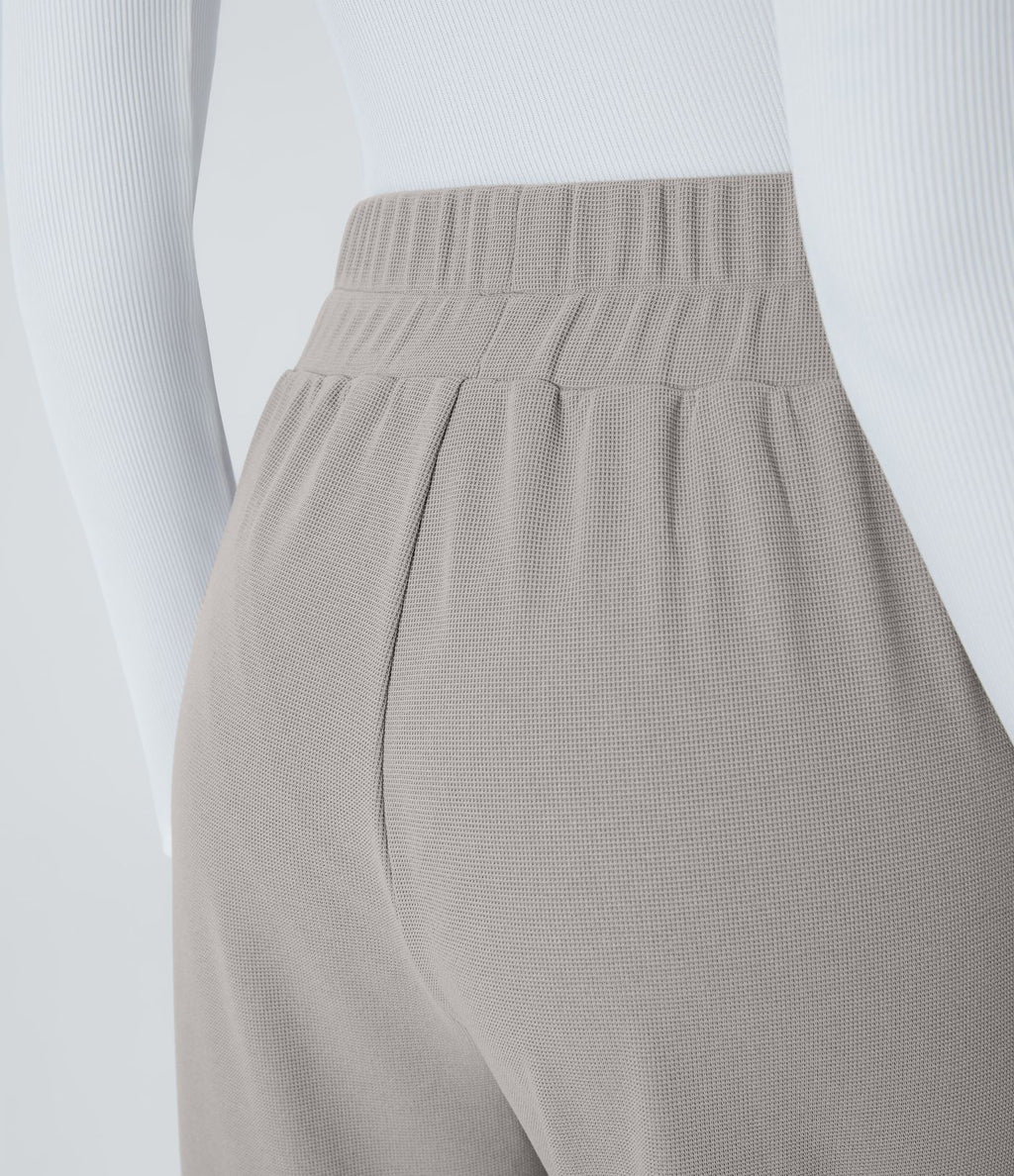 Halara Flex™ Pantalon Tailleur en Tissu Gaufré Taille Haute avec Large Ceinture Plis Poches Latérales Jambes Larges