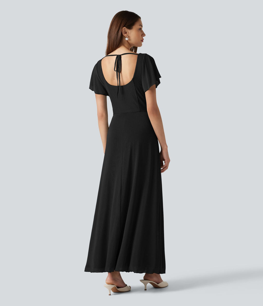 Robe maxi fluide col carré manches courtes soutien-gorge intégré dos noué