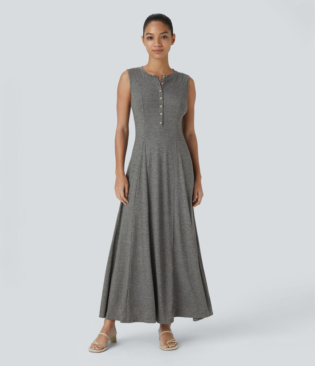 Robe Casual Maxi Col Rond Sans Manches Boutonnés