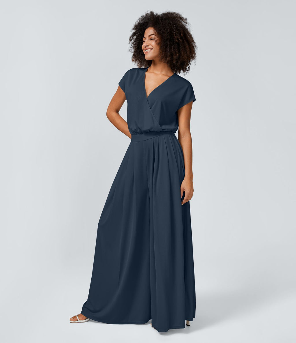 Combinaison Casual Col en V Jambes Large Plissée Manches Courtes Poche Latérale Gaufrée Fluide