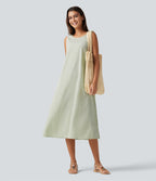 Robe débardeur midi décontractée en vichy froissé, col rond, sans manches, à poches