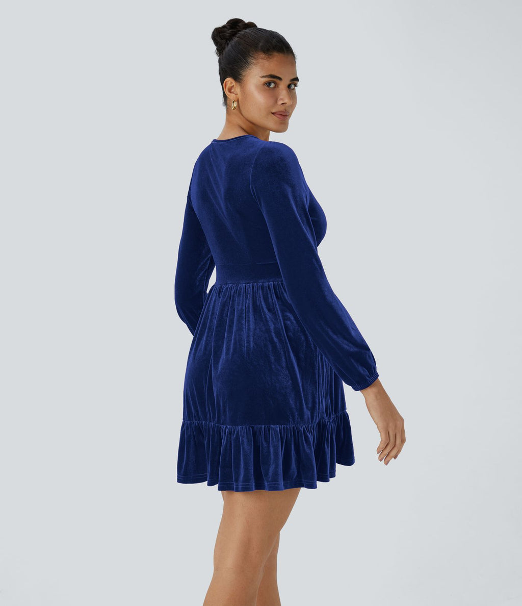 Quotidien Robe de Soirée Mini en Velours à Encolure en V Profond et Ourlet Volanté