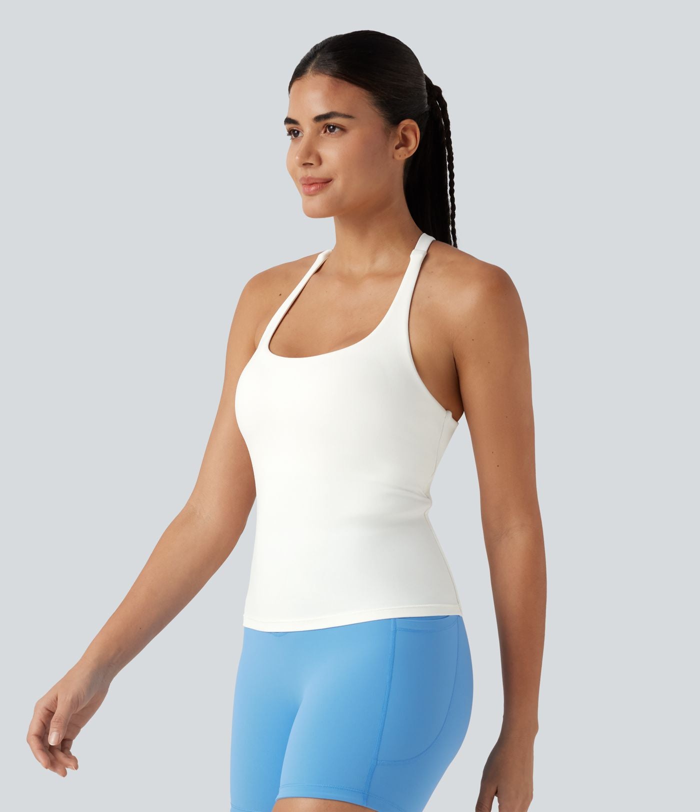 Débardeur de running croisé dos nu, brassière intégrée — version longue — bonnets A à D