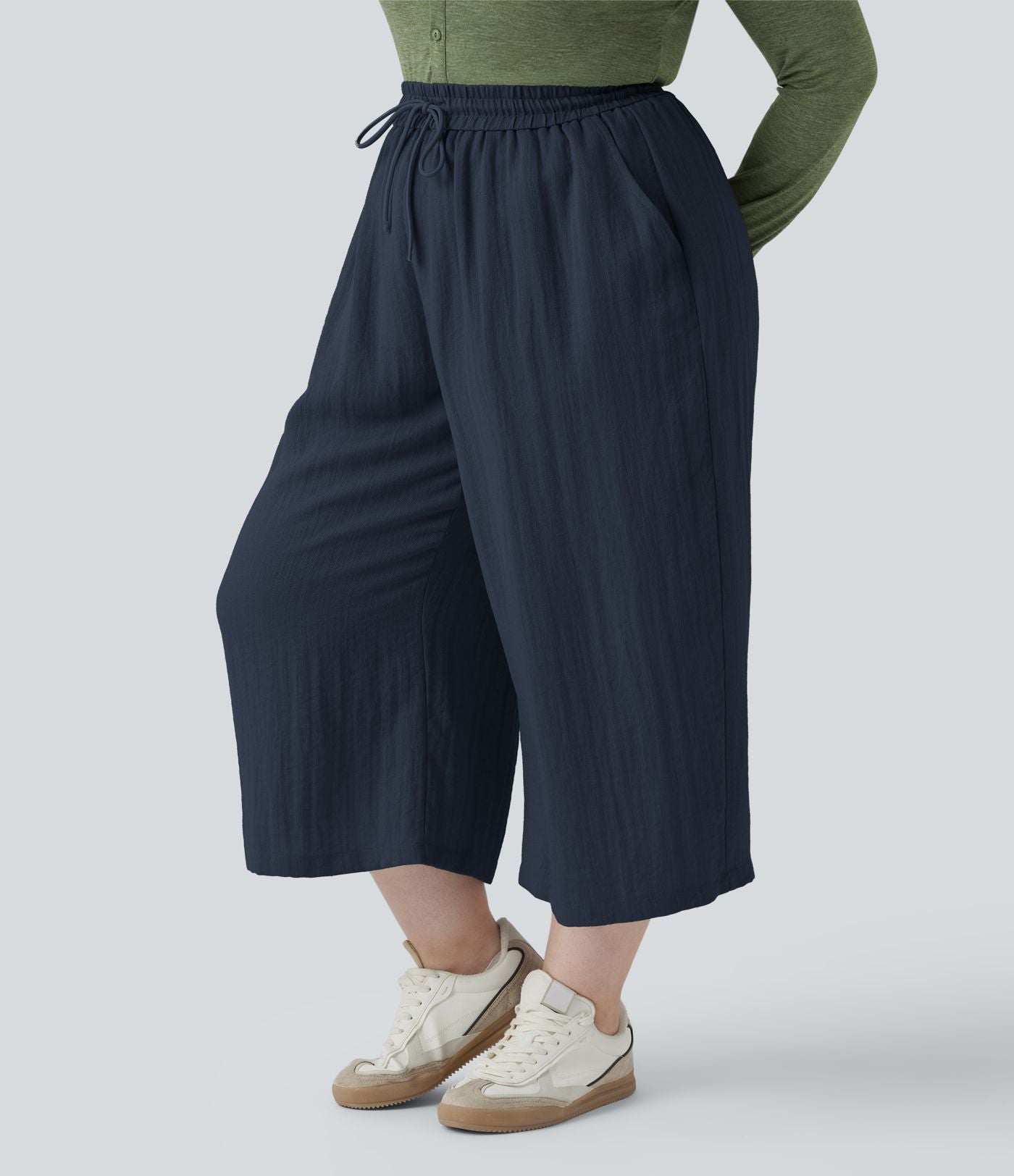 Pantalon grande taille large fluide taille haute avec cordon de serrage, poches et aspect lin