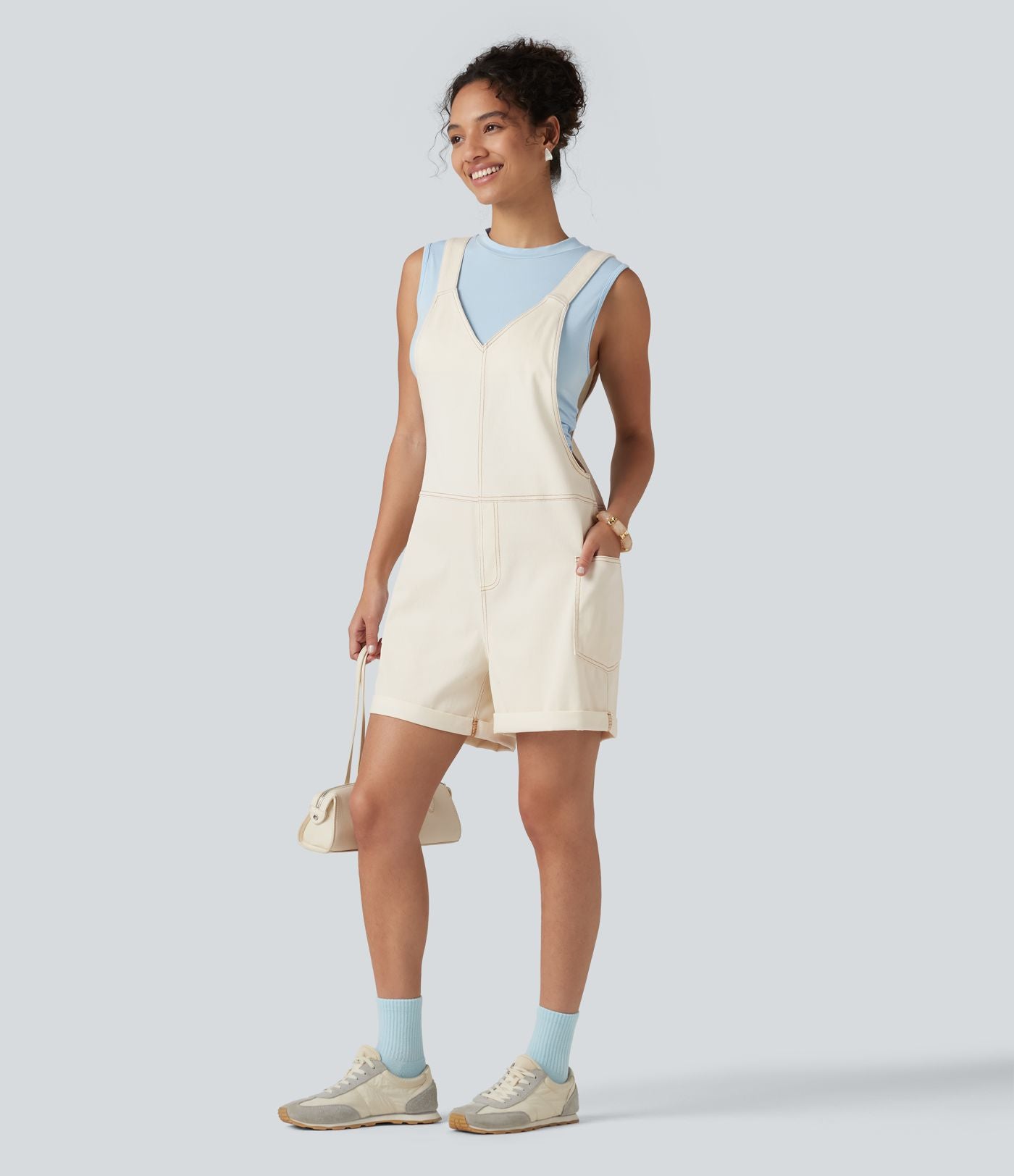 Salopette en jean Halara Flex™ col V délavée décontractée à ourlet roulotté avec poches