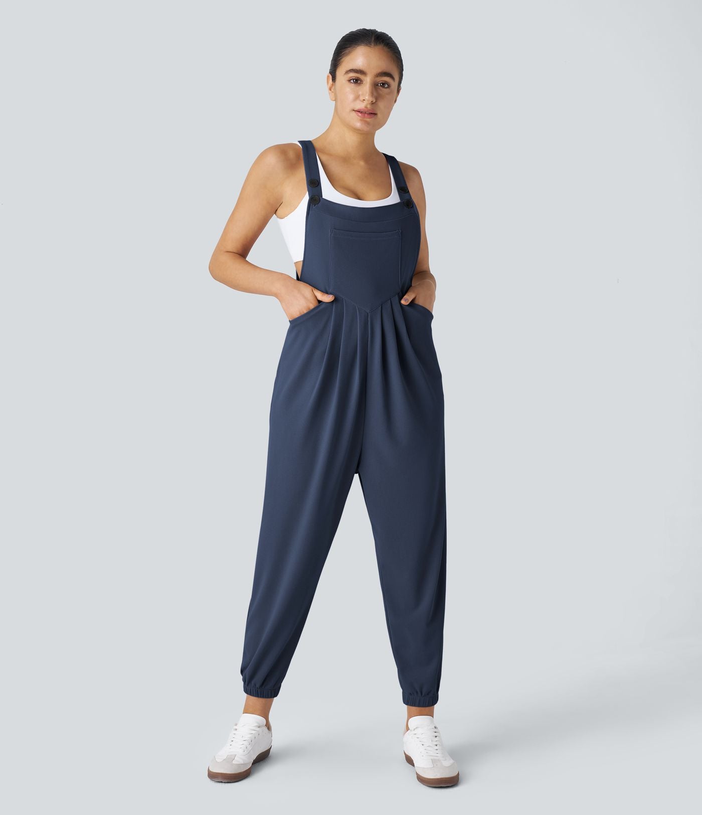 Salopette Casual Bretelles Ajustables Boutonnés Multiples Poches Plis et Tissu Gaufré