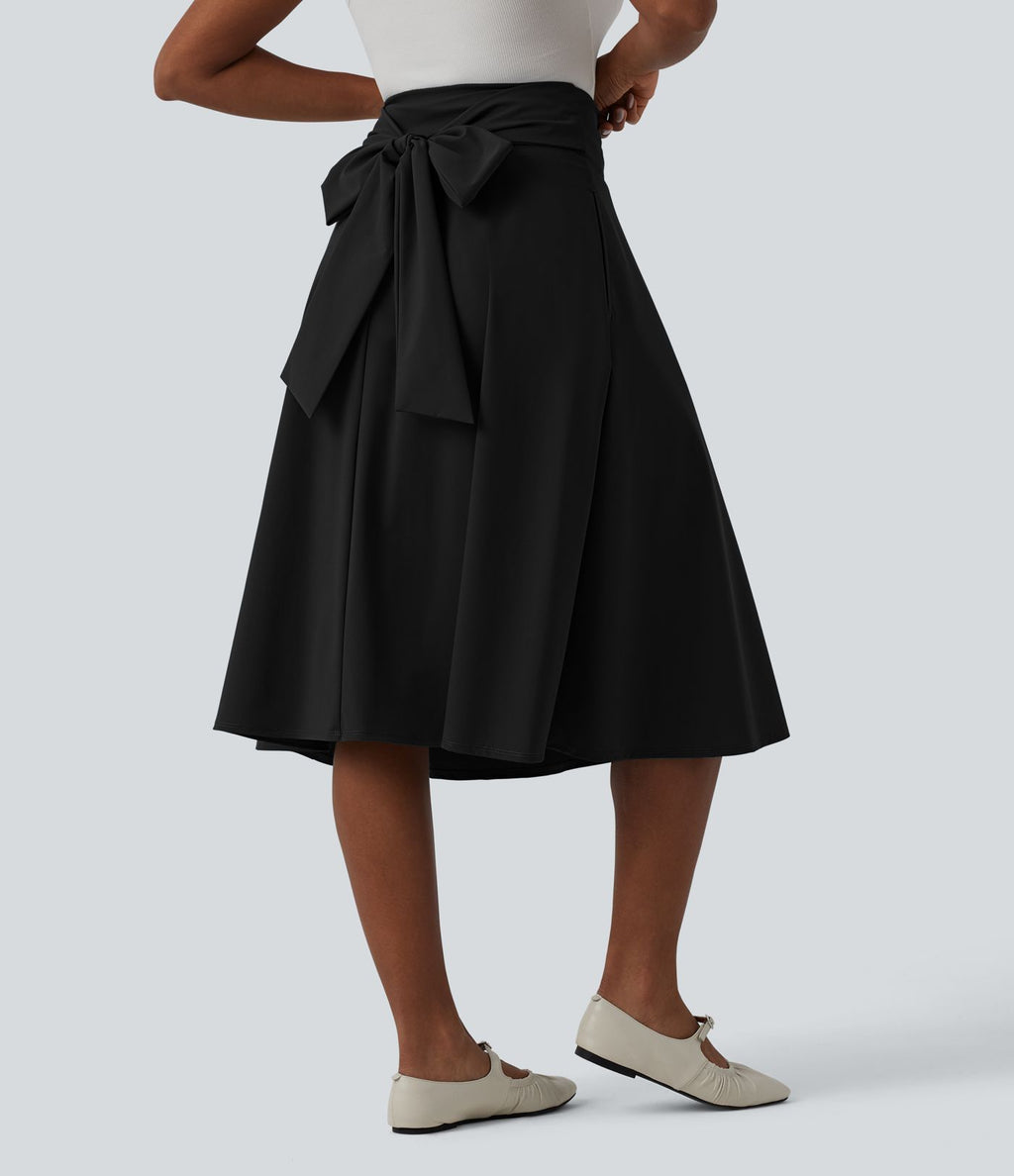 Jupe midi casual trapèze taille haute à nœud devant