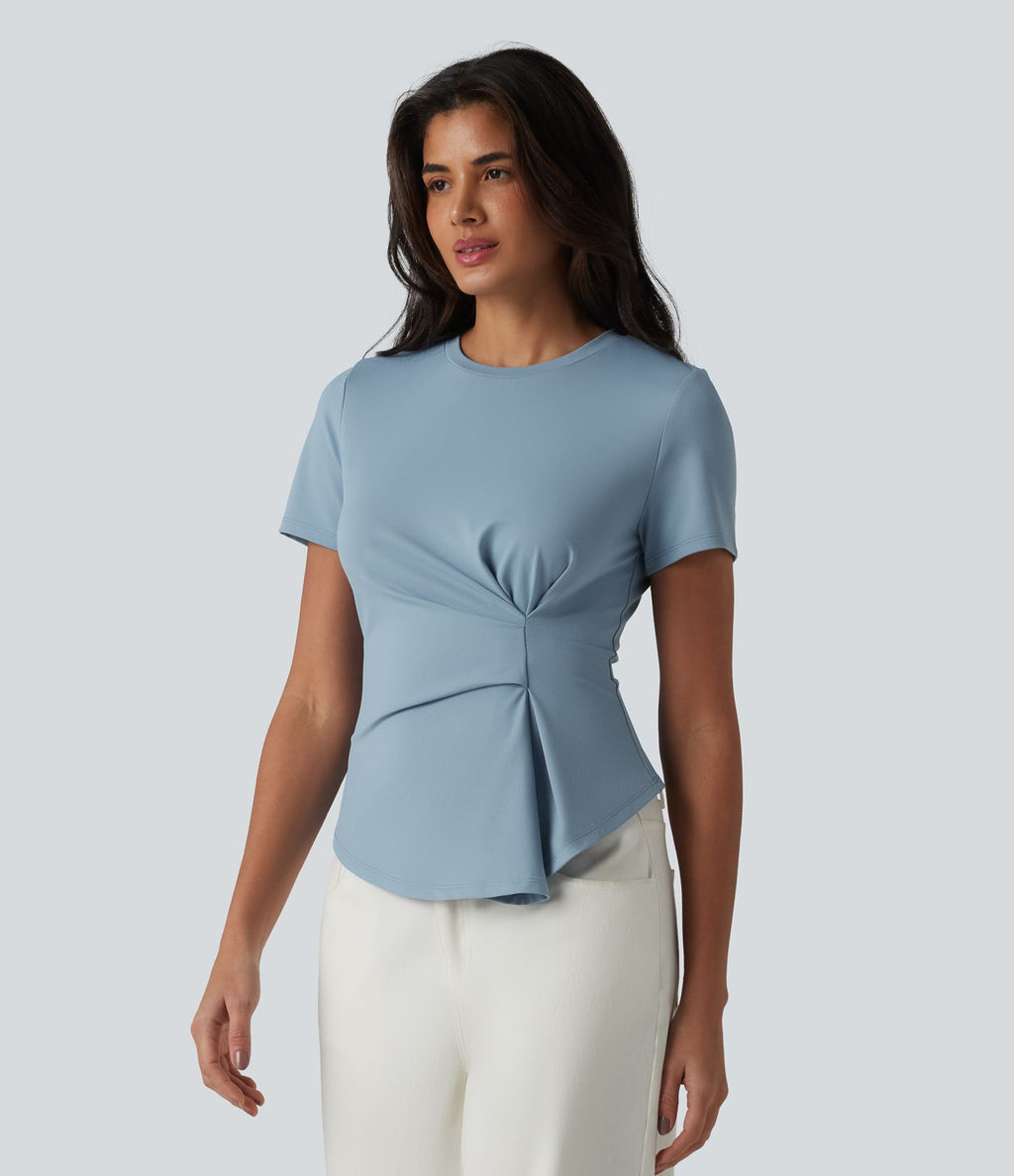 T-shirt décontracté col rond manches courtes froncé ourlet asymétrique