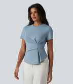 T-shirt décontracté col rond manches courtes froncé ourlet asymétrique