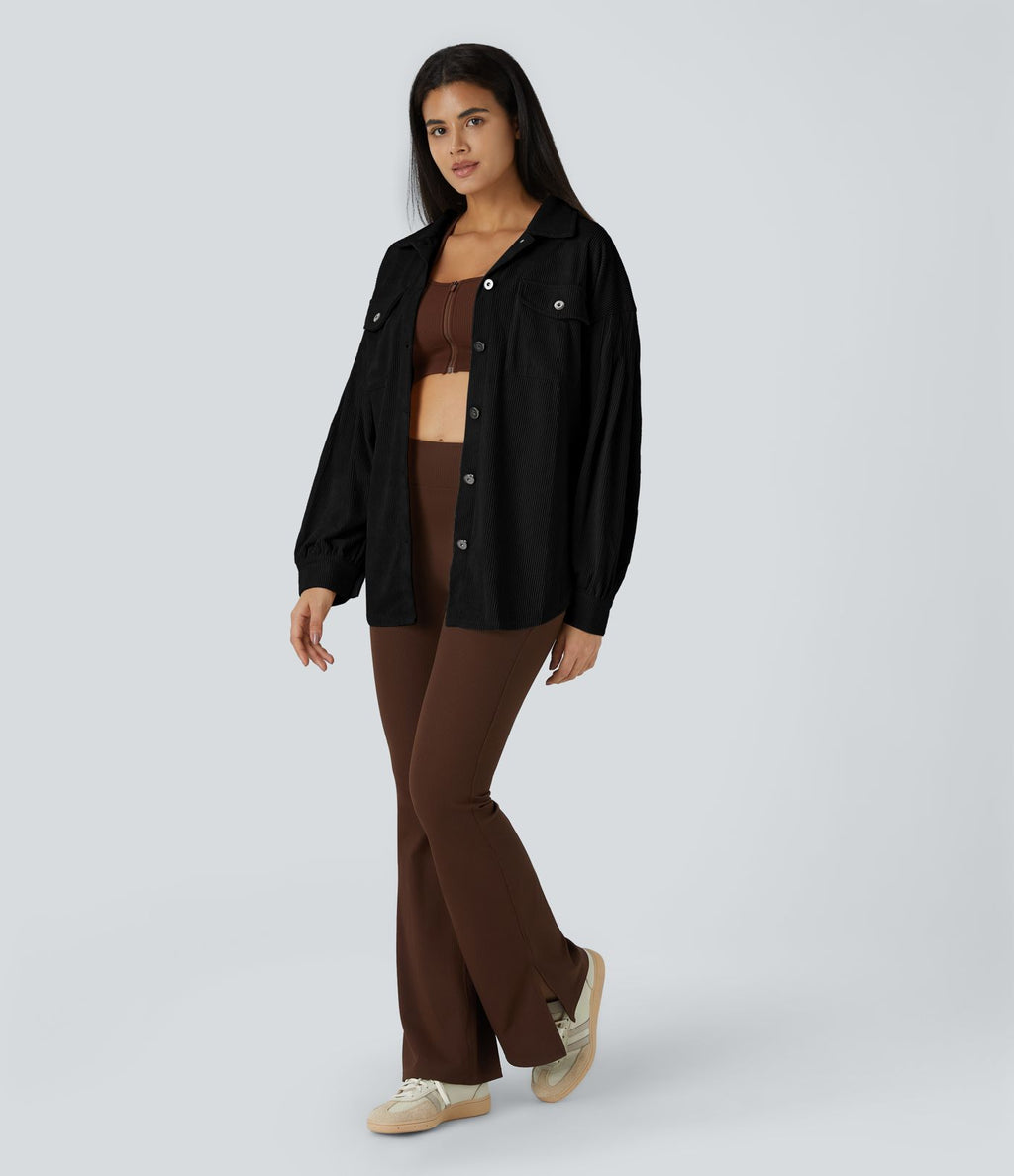 Veste Casual en Velours Côtelé à Col Boutonné Poches et Manches Longues Ourlet Courbé