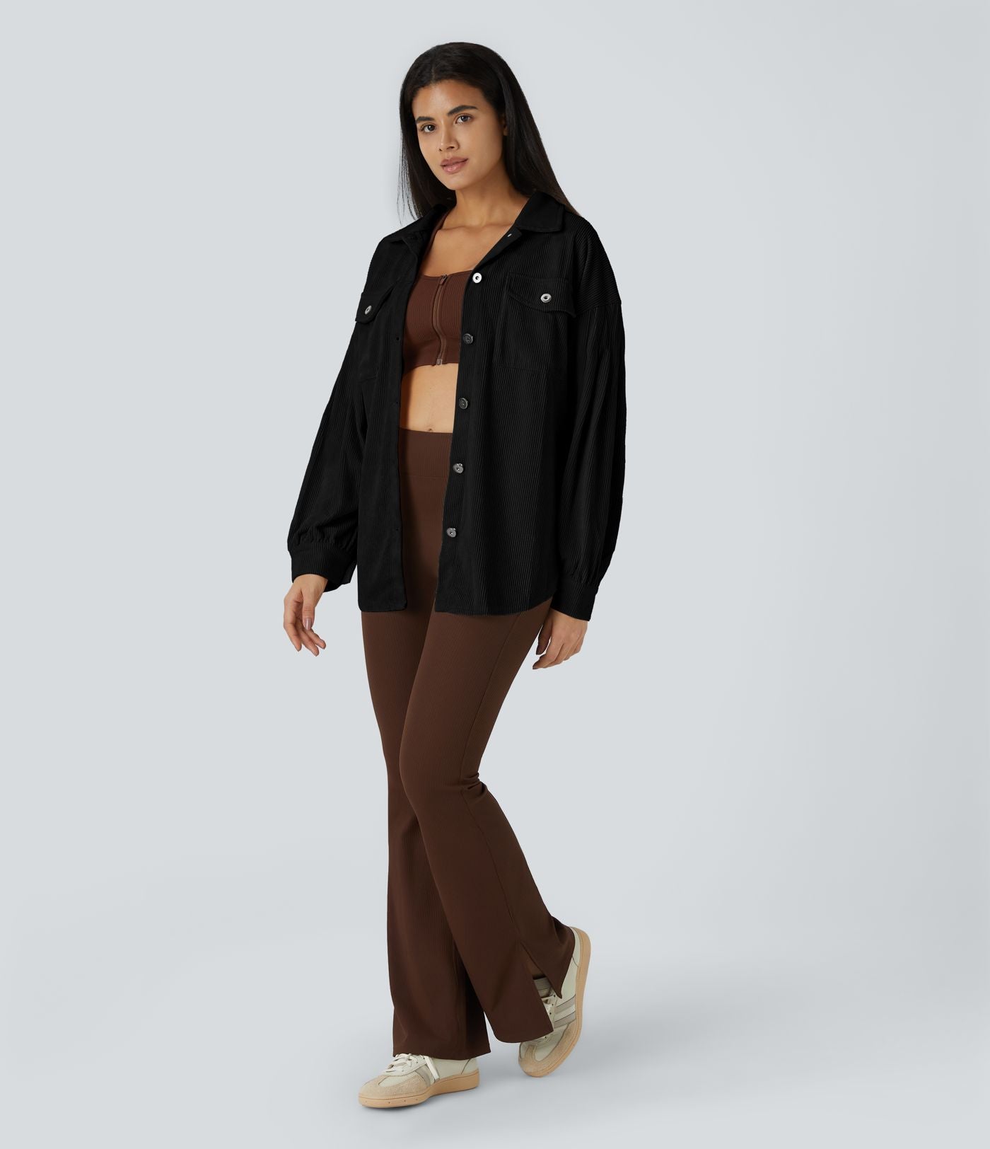 Veste Casual en Velours Côtelé à Col Boutonné Poches et Manches Longues Ourlet Courbé