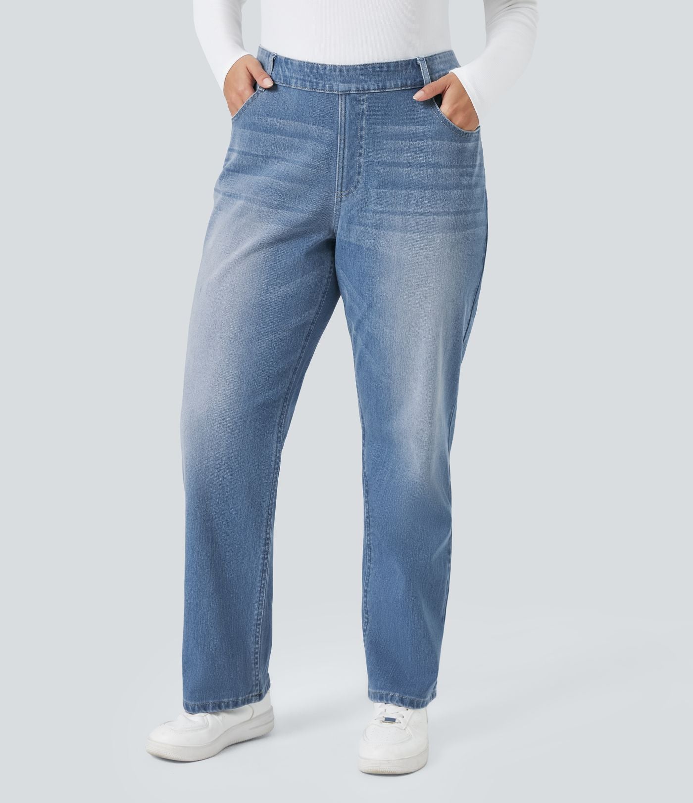 Jean décontracté Halara Flex™ grande taille, taille haute, multiples poches, jambes droites, effet délavé, en maille extensible
