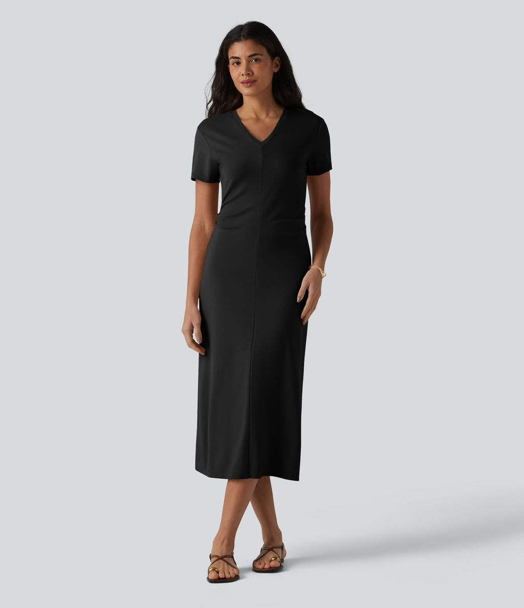 Robe midi décontractée à manches courtes et col en V en maille sculptante
