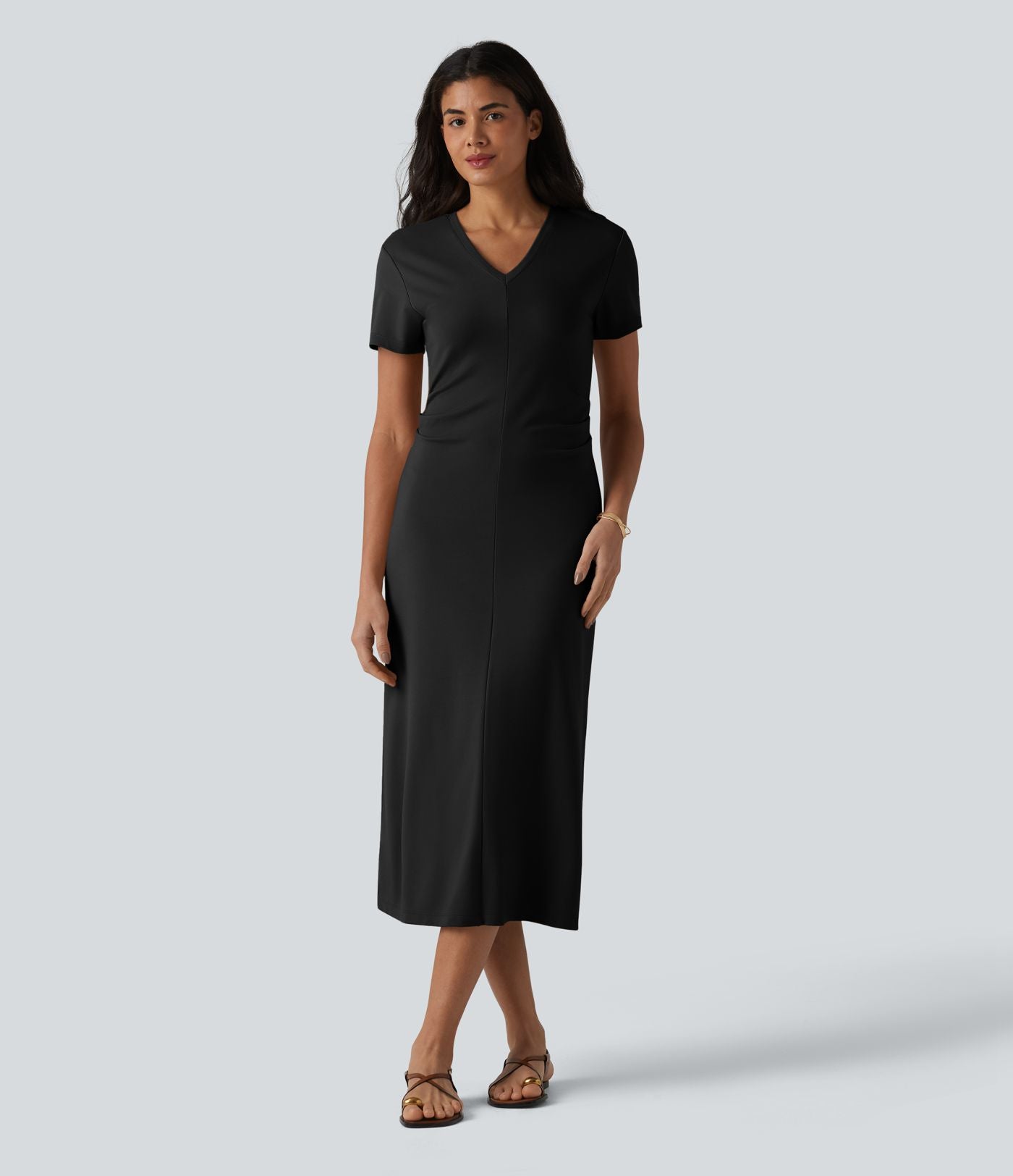 Robe midi décontractée à manches courtes et col en V en maille sculptante