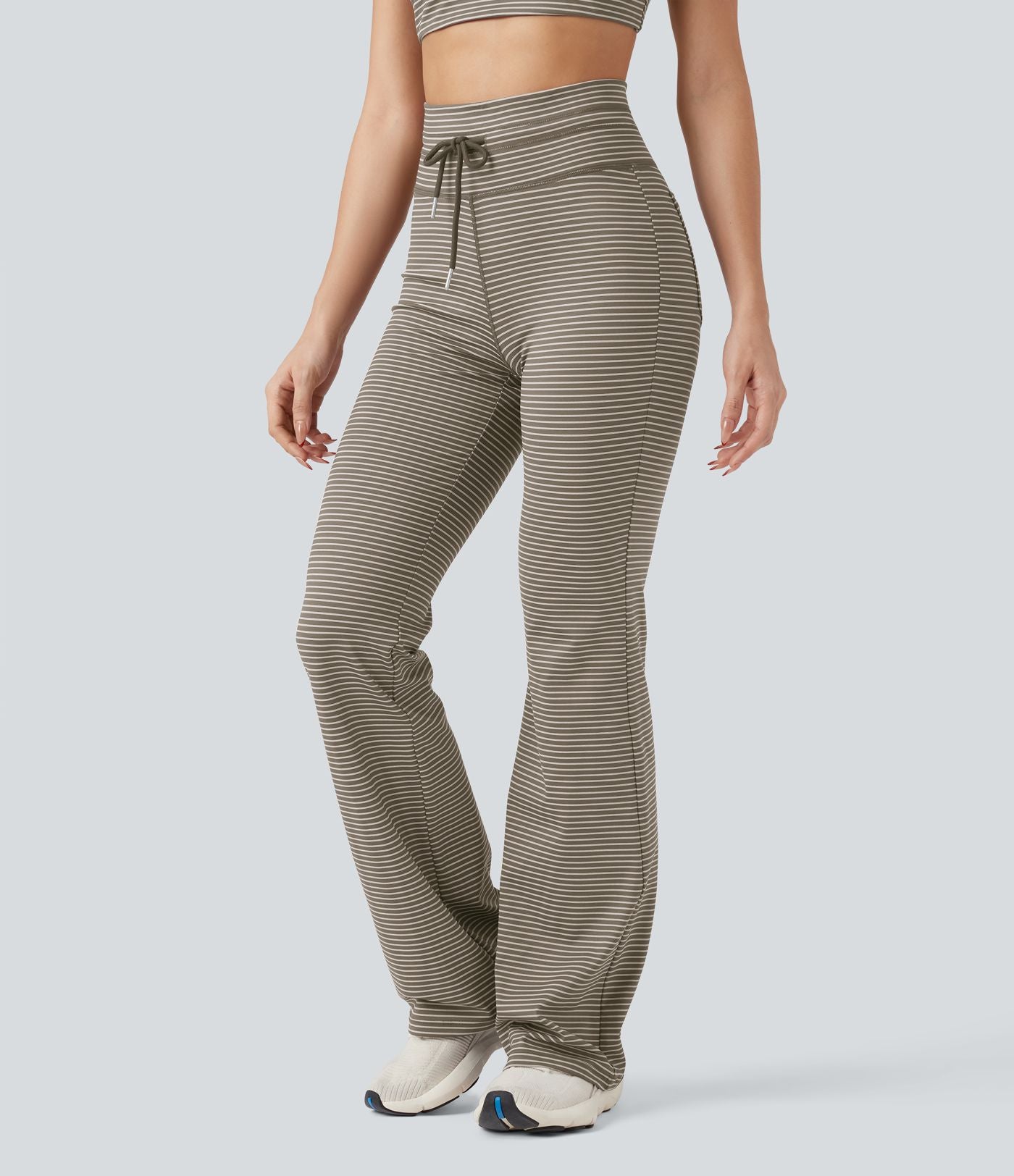 Pantalon de yoga évasé à rayures, taille haute, cordon et poches