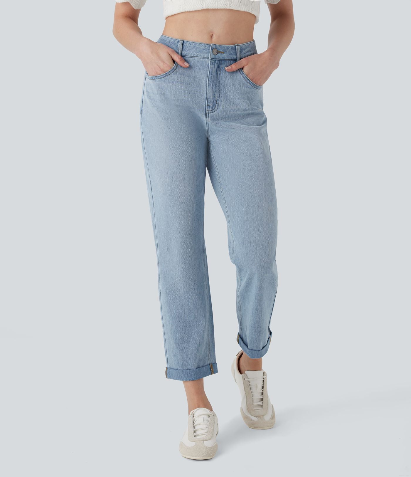 Jean 7/8 décontracté délavé taille mi-haute à jambe droite Halara Flex™ avec poches