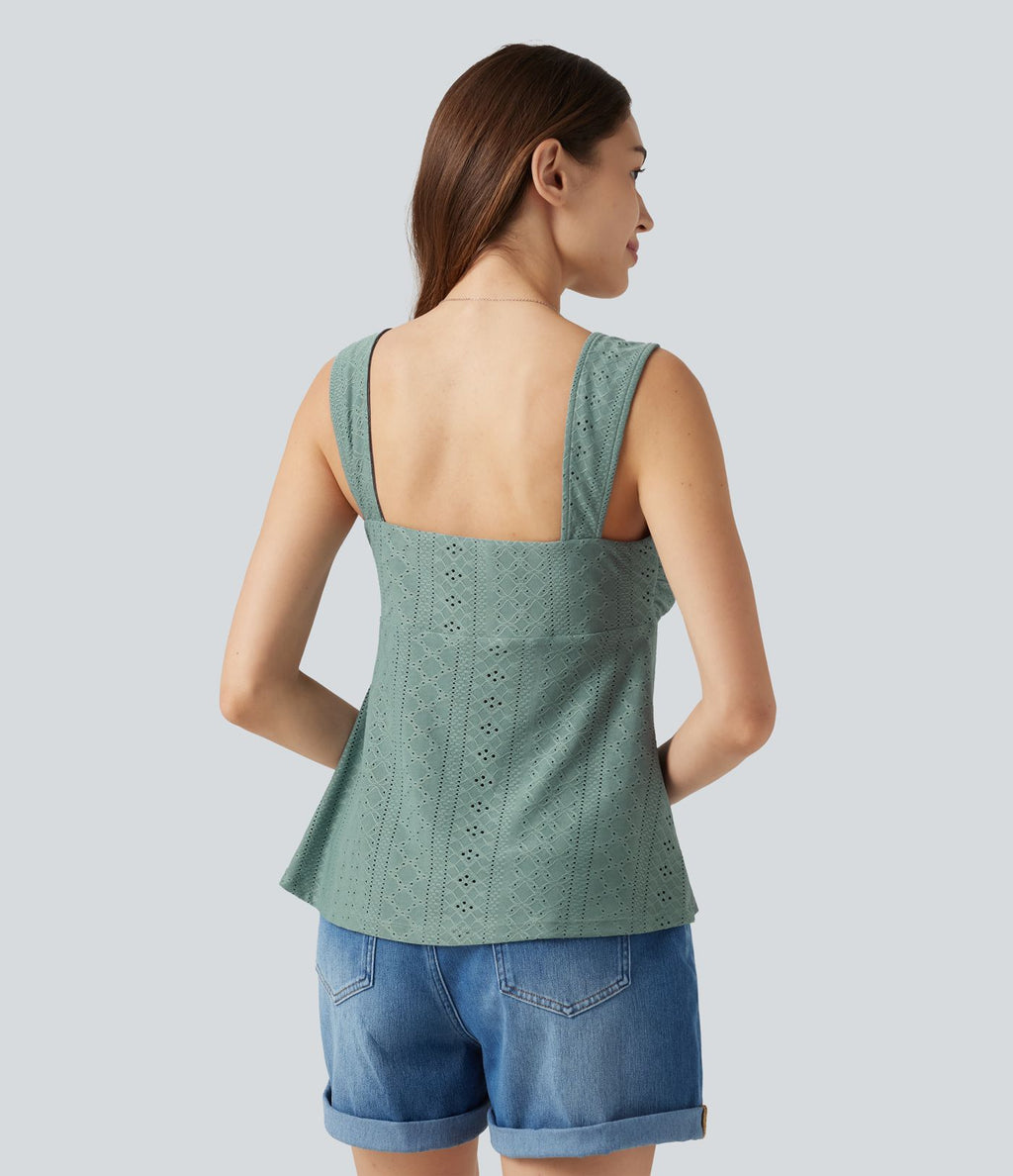 Débardeur décontracté froncé avec cordon de serrage, broderie anglaise et soutien-gorge intégré
