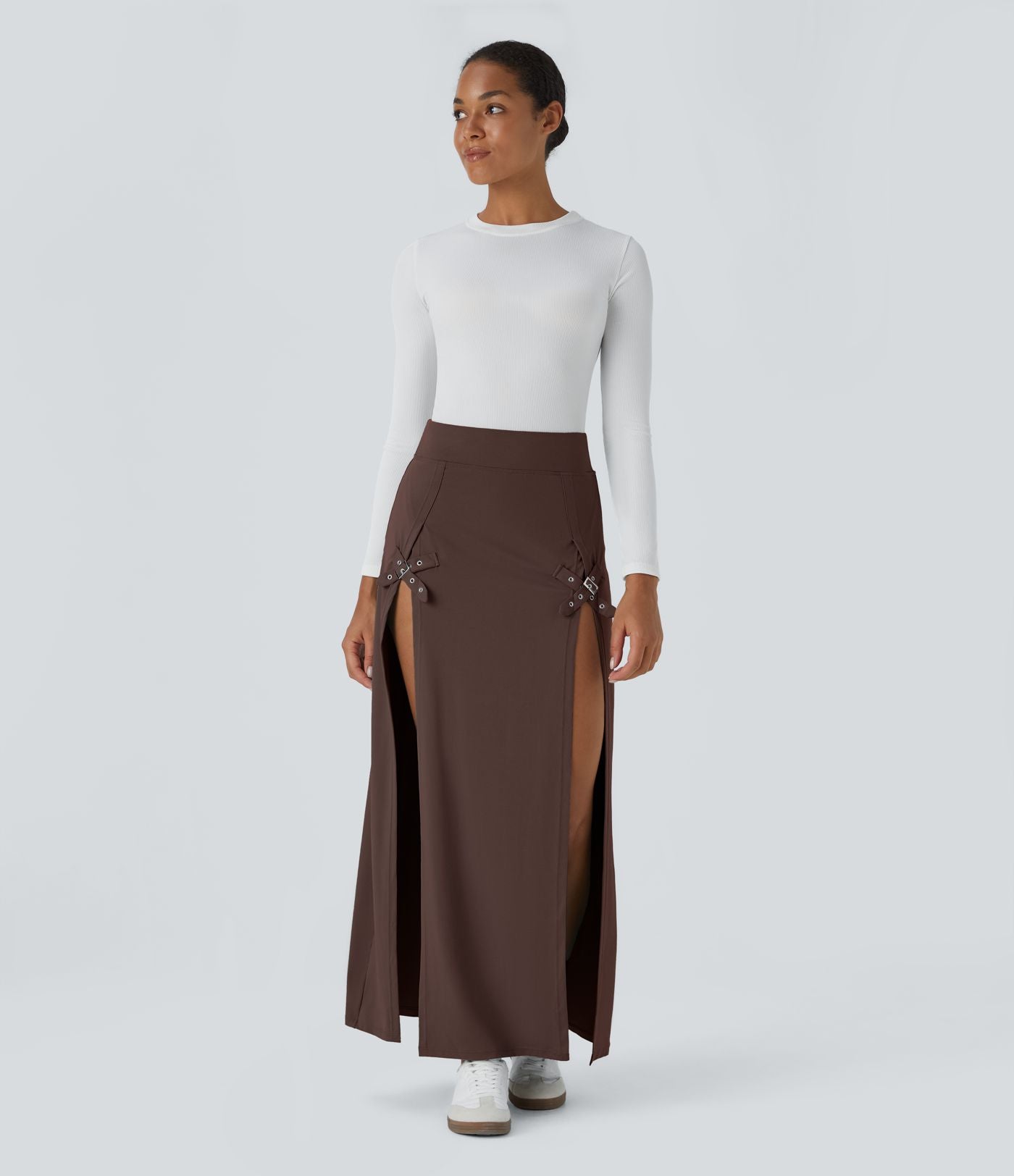 Jupe Casual Maxi 2 en 1 Taille Haute Boucle Décorative Fente