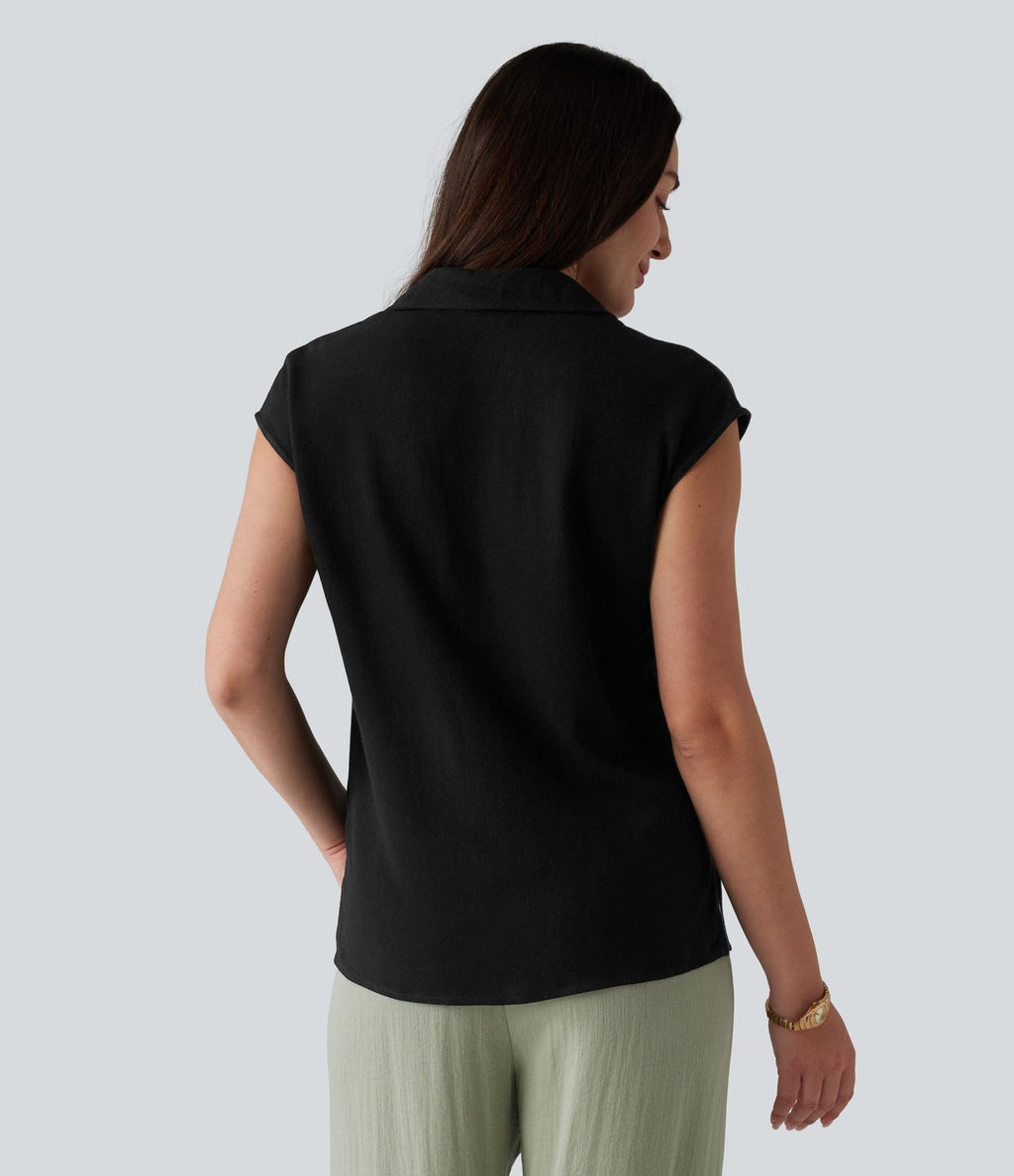 Chemisier tailleur en mélange de lin col V sans manches avec ourlet fendu