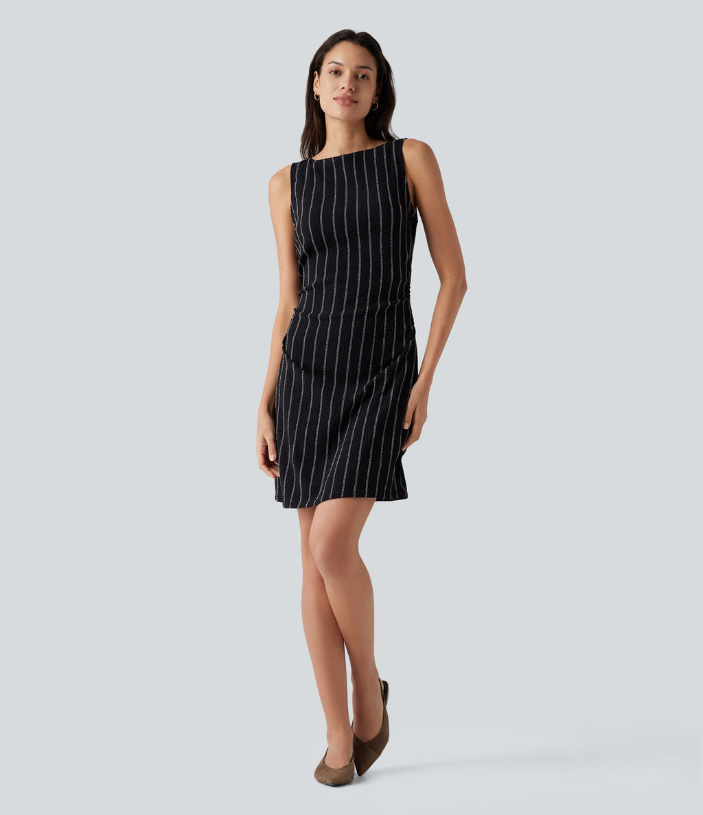 Robe casual mini rayée sans manches à col bateau avec poches