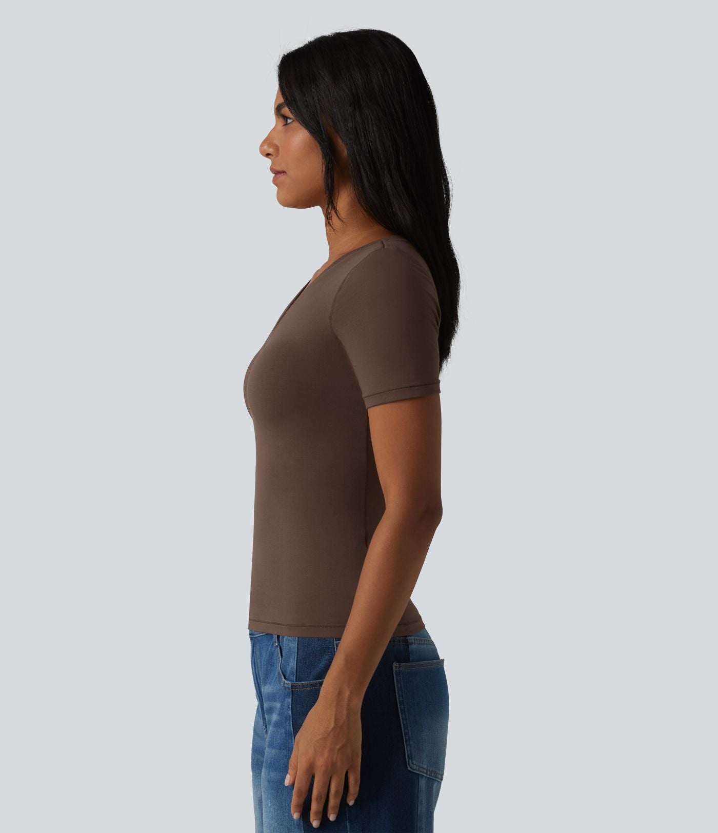 Halara T-shirt décontracté en jersey de coton col V manches courtes avec soutien-gorge intégré bonnets B-DD