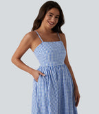 Robe longue fluide décontractée à bretelles motif vichy avec fermeture éclair invisible et poches