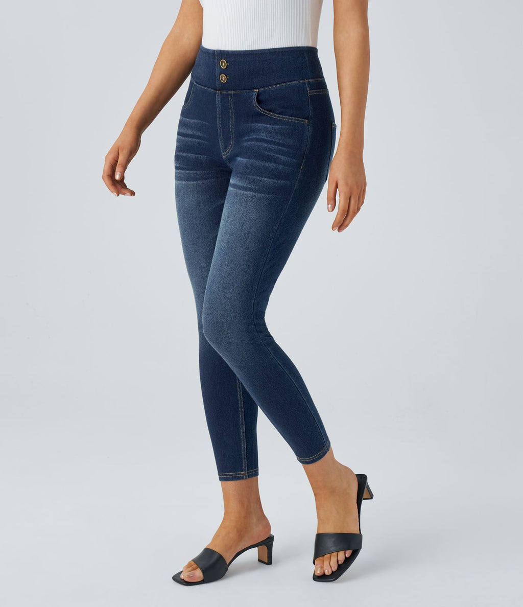 Halara Flex™ Jean Casual 7/8 à Taille Haute pour Courbes avec Boutons Décoratifs Plusieurs Poches Tricot Extensible et Lavé