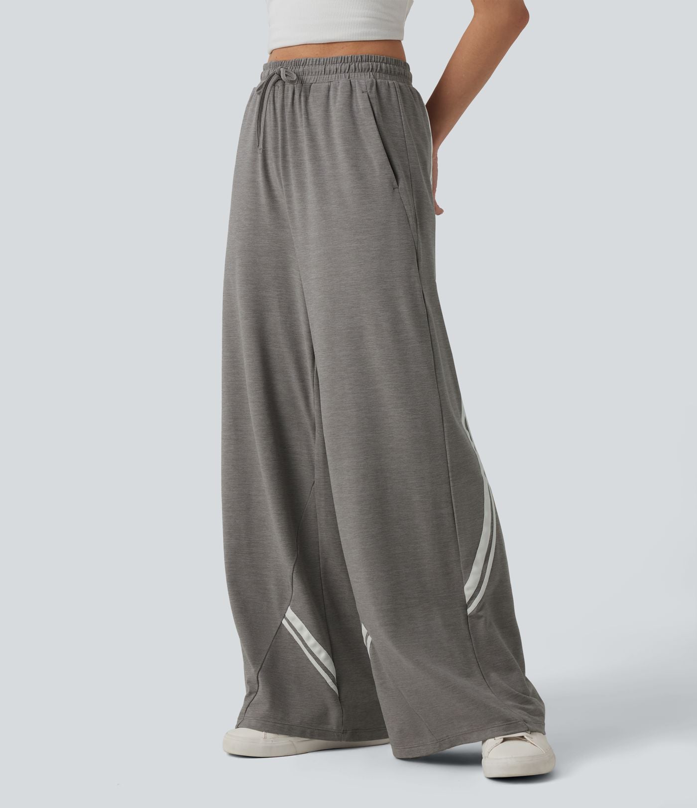 Pantalon large décontracté color block taille haute avec cordon de serrage et poches