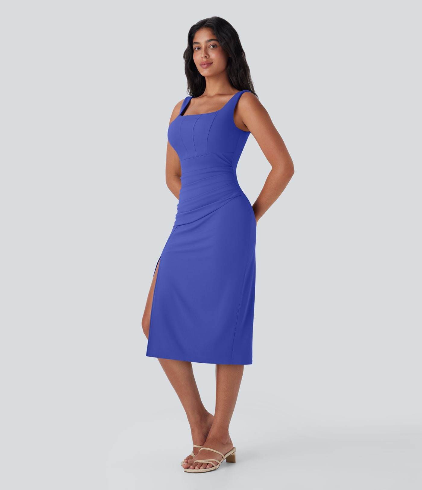 Robe moulante mi-longue SoftlyZero™ Airy col carré corset froncée effet frais InstantCool, bonnets E-G