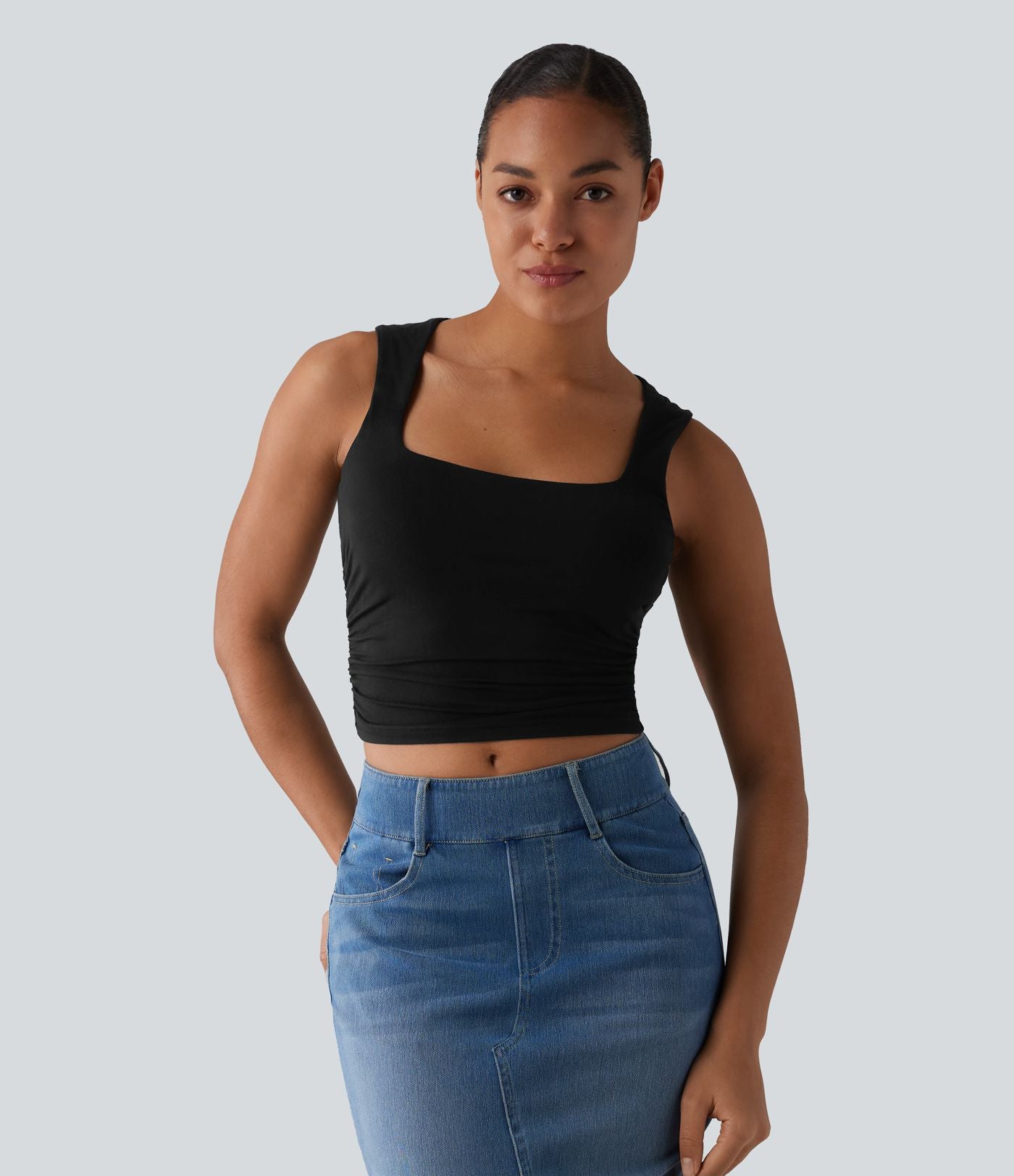 Débardeur décontracté court col carré froncé