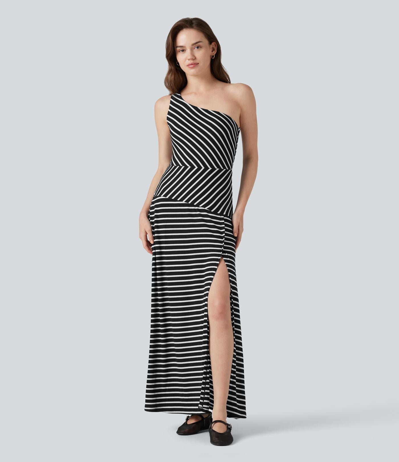 Robe longue décontractée à rayures, asymétrique, sans manches, en maille côtelée, avec poche