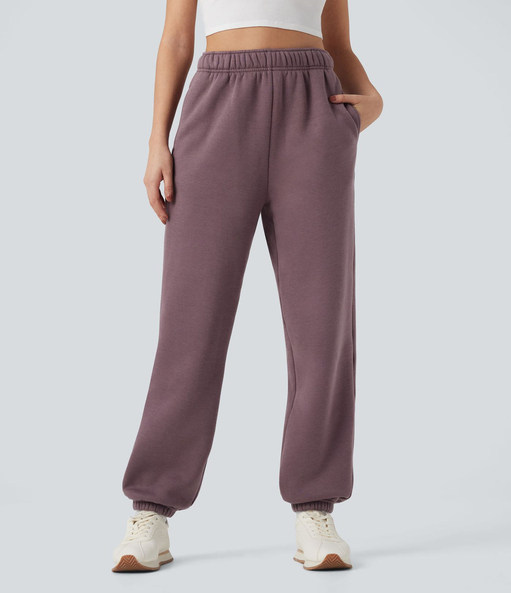 Jogging décontracté polaire taille haute avec cordon de serrage intérieur et poches