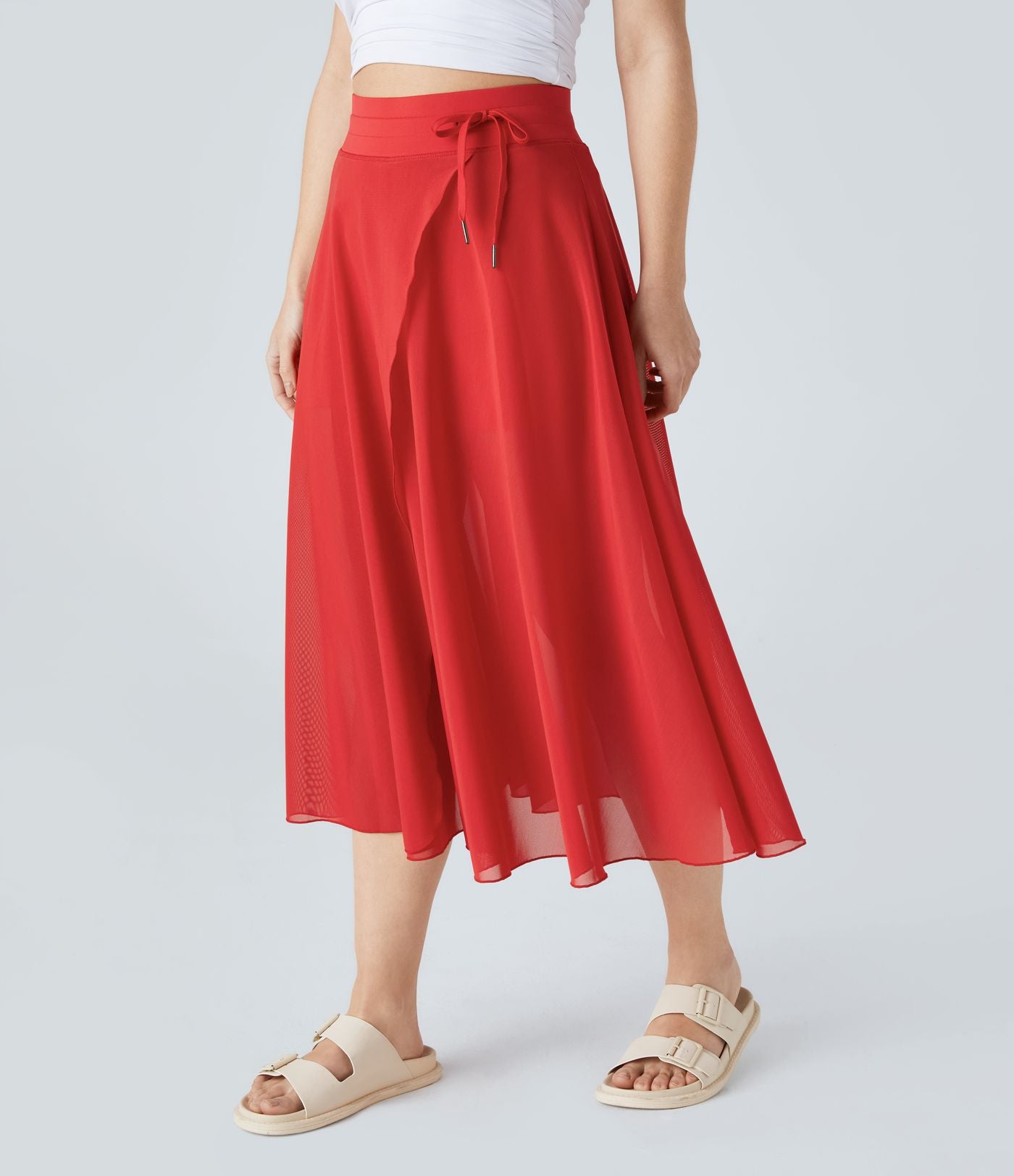Jupe Casual Évasée Mesh Mi-Longue Fuide 2 en 1 Contrastée Taille Haute Cordon Poche Latérale
