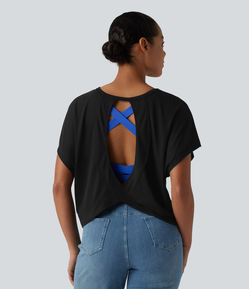 T-shirt décontracté col rond manches courtes chauve-souris