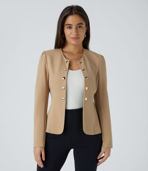 Blazer tailleur ajusté à col rond, manches longues avec boutons décoratifs