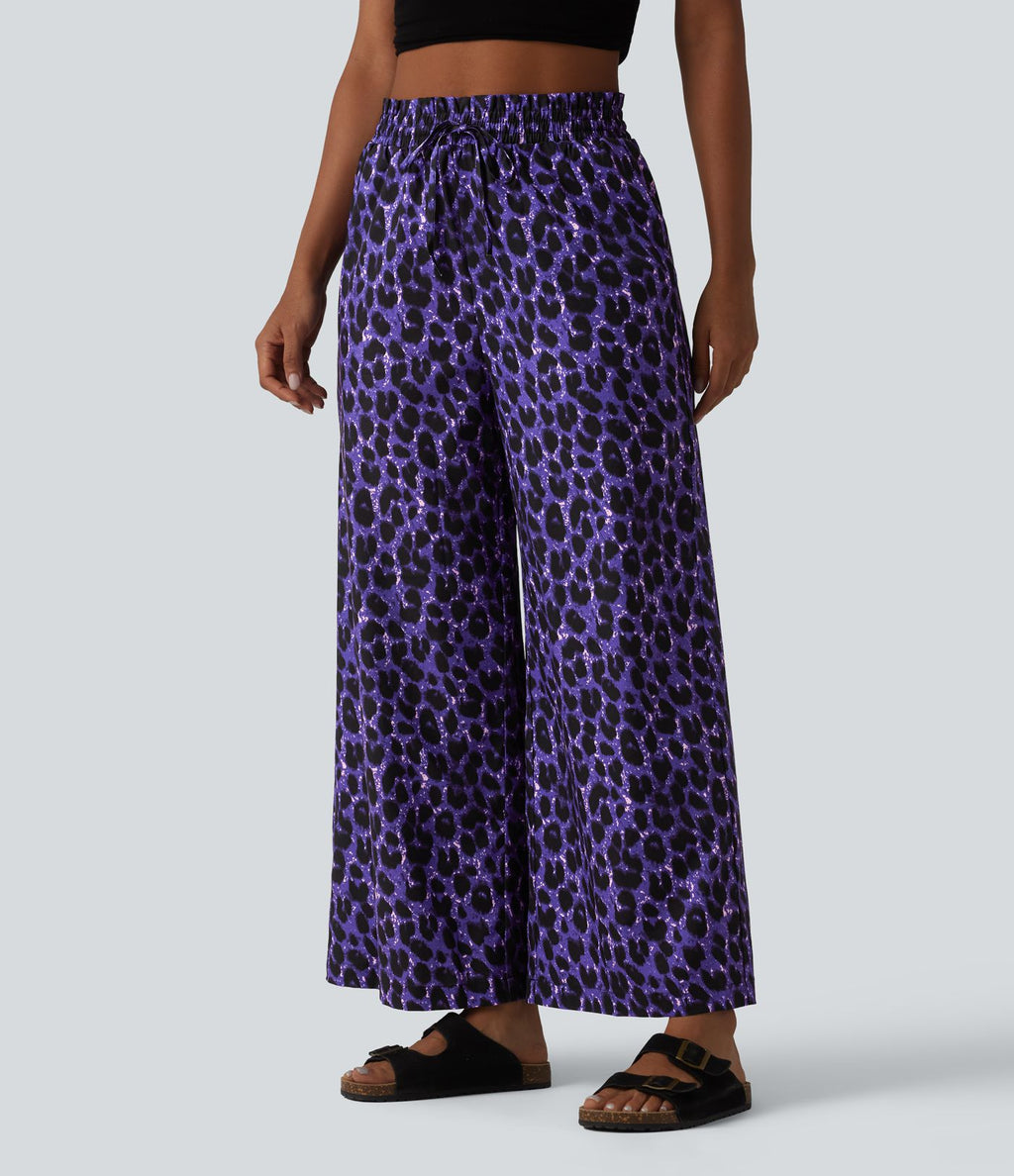 Pantalon large et fluide à imprimé léopard, taille haute avec cordon de serrage et poches latérales