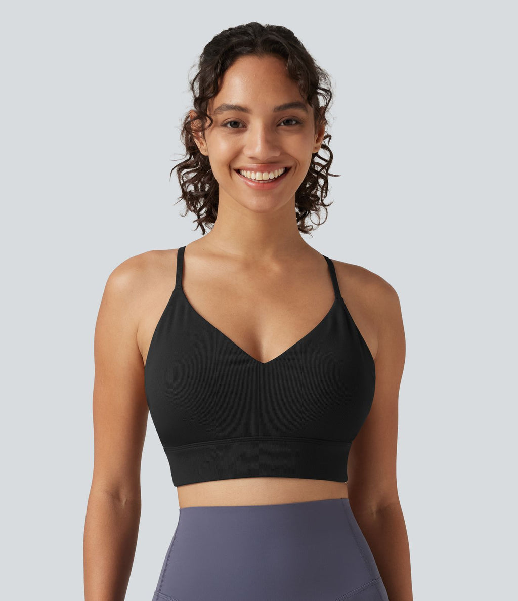 Brassière de yoga côtelée maintien léger à col V avec bretelles croisées et coussinets amovibles