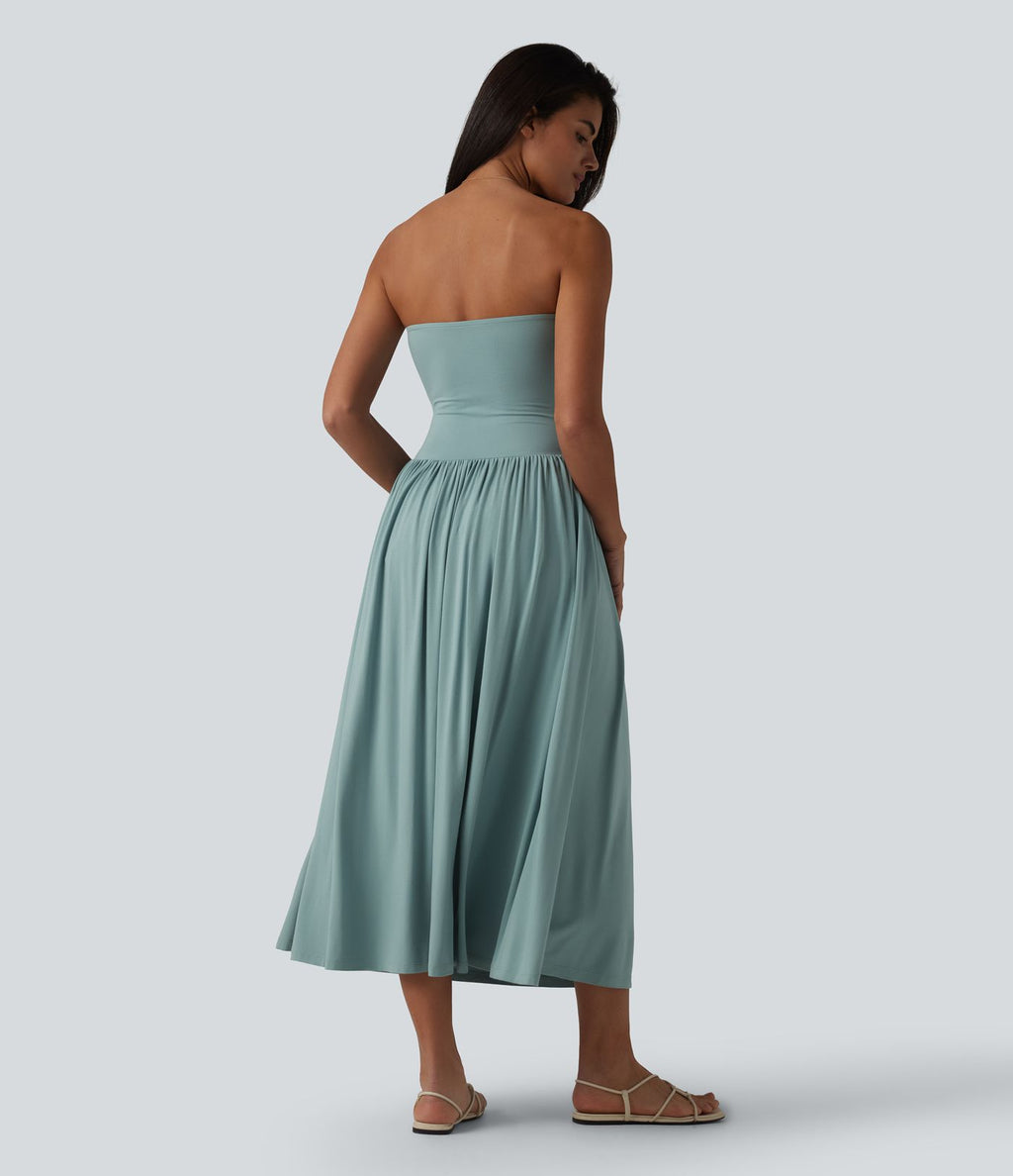 Robe midi casual bustier fluide avec détail froncé