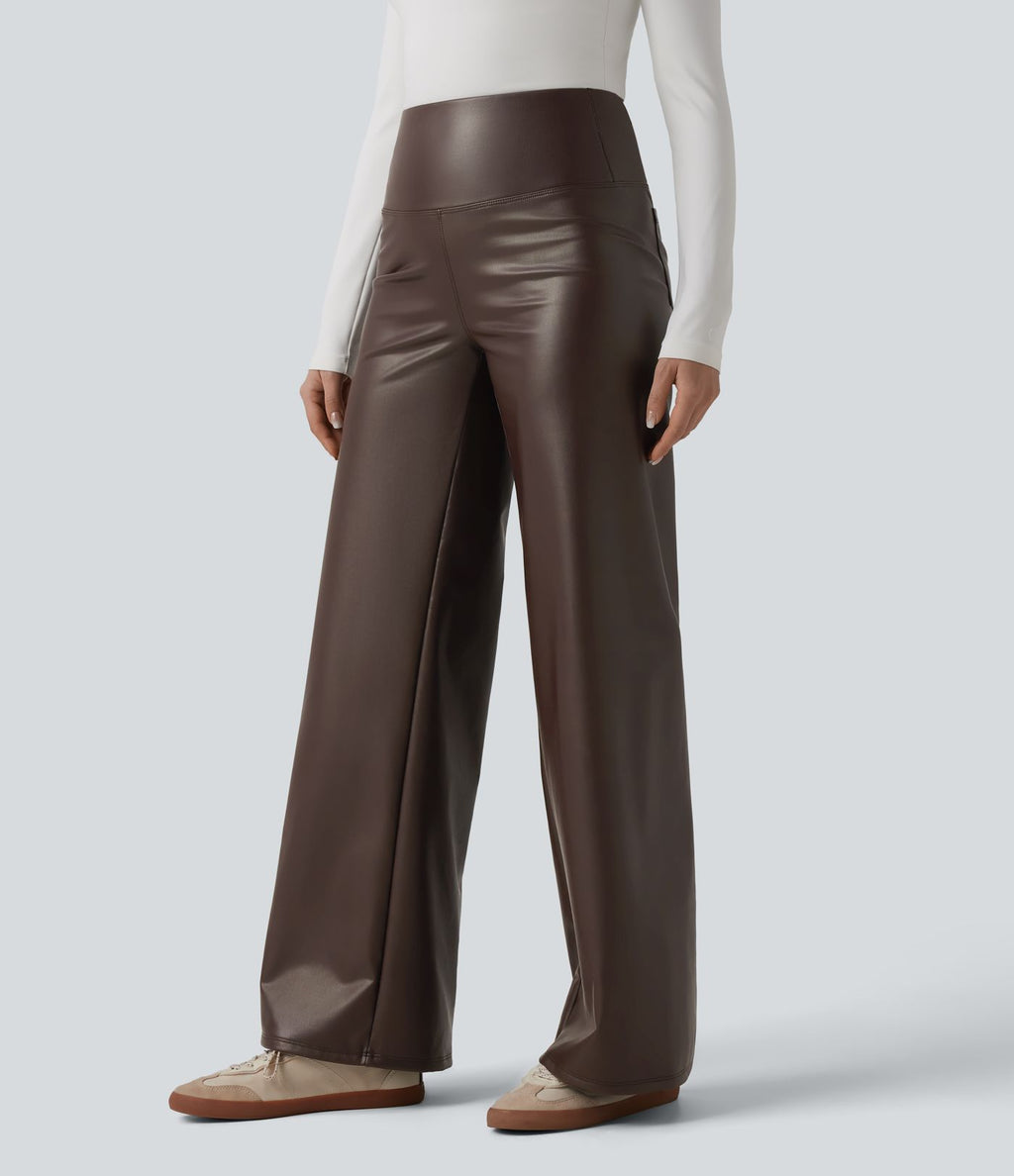 Pantalon large décontracté gainant taille haute extensible en molleton PU avec poches