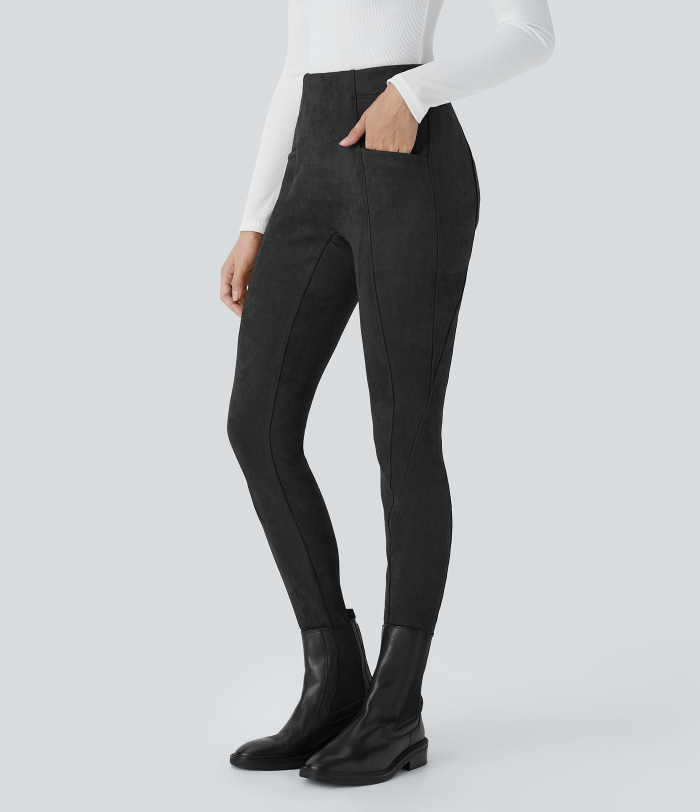 Legging décontracté en suédine taille haute, gainant, avec poches latérales