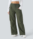 Pantalon cargo décontracté à taille moyenne, jambes larges, boutons, fermeture éclair et poches latérales