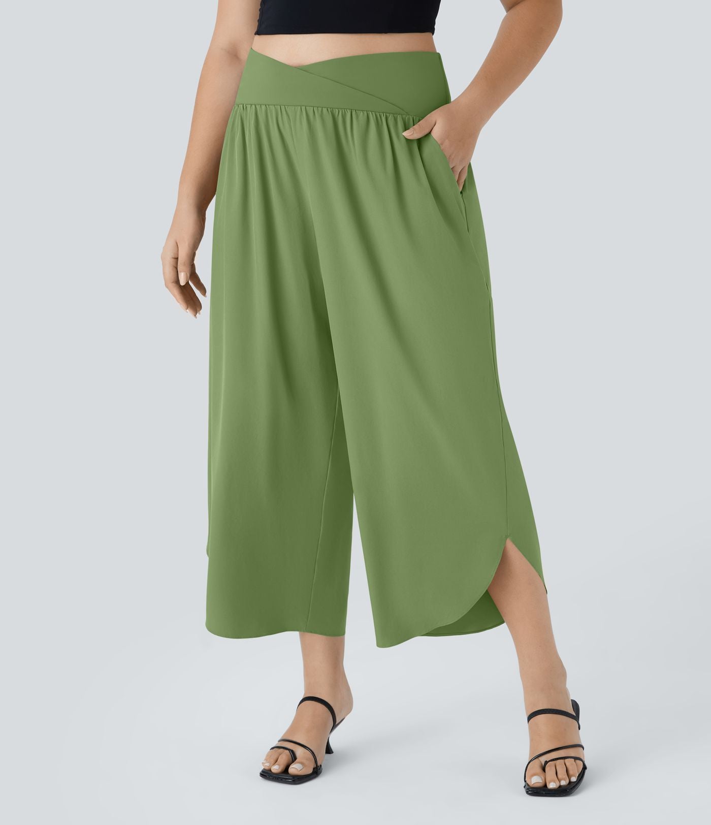 Breezeful™ Pantalon de Vacances Grande Taille Taille Haute avec Découpe Croisée Plissé Poche Latérale Fente et Séchage Rapide